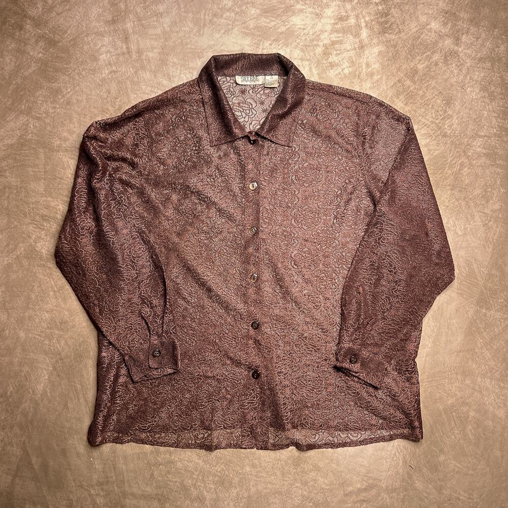Vintage 90s Selene Sport Brown Floral Mesh Lace Long Sleeve Shirt Button Up Boho